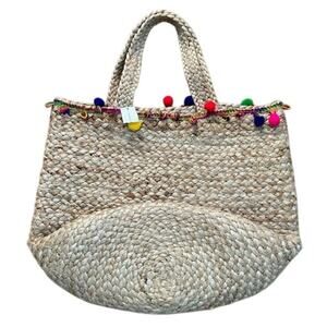 Shiraleah Chicago Woven Jute Tote Bag with Pom Pom Trim  Francesca’s NWT